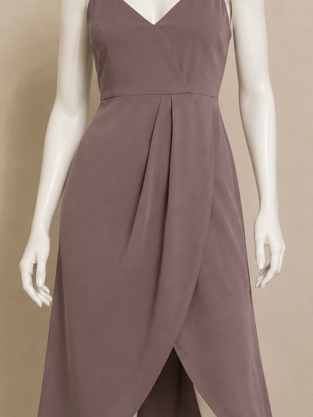 Lulus V-Neck Taupe Wrap Midi Dress. Medium cocktail dress.